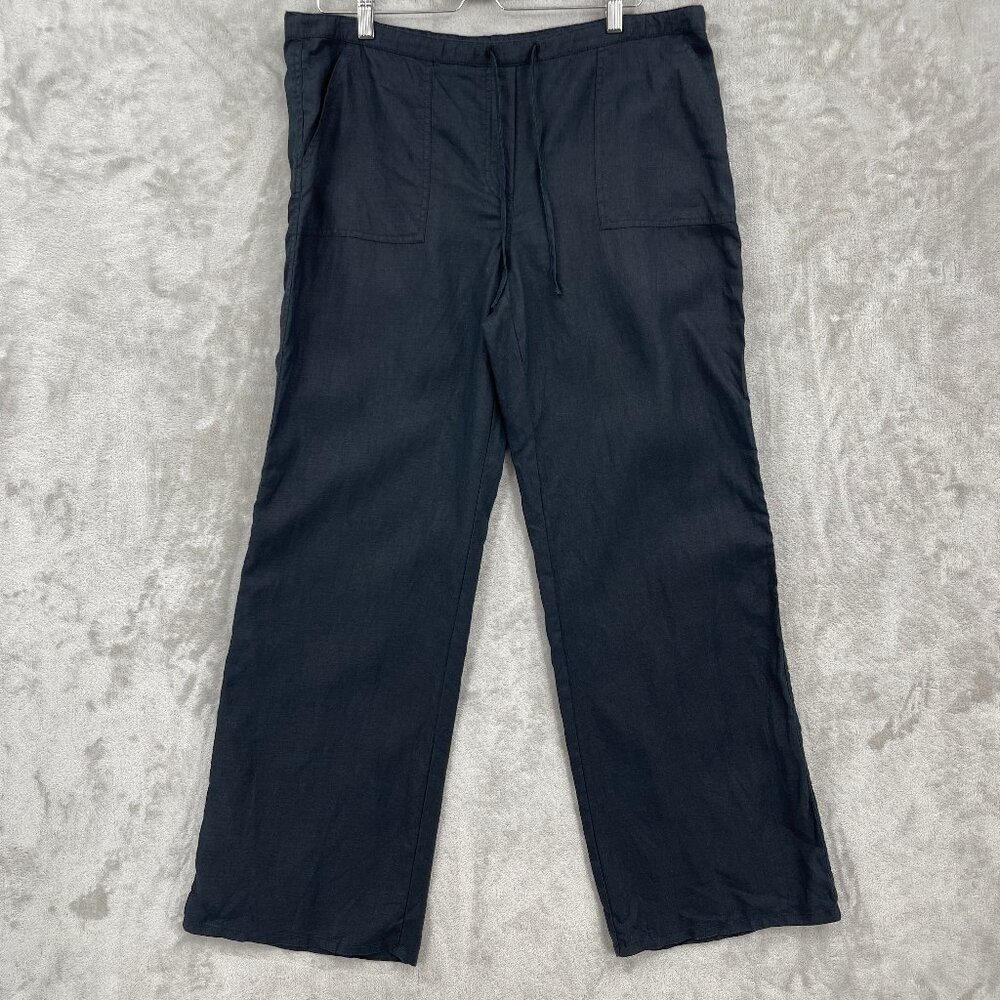 Moda International Linen Black Wide Leg Drawstring Pants Loose Beachy